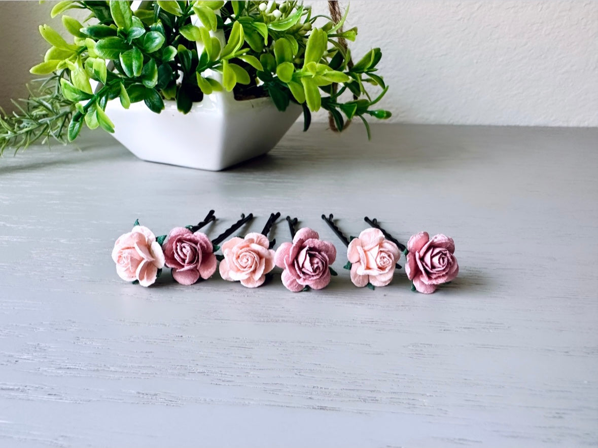 Wedding Hair Flowers, Blush Pink Flower Hair Pins, Wedding Hair Accessories, 6 Paper Flowers, Dusty Pink Rose Hair Clip, Floral Bobby Pin MPR6