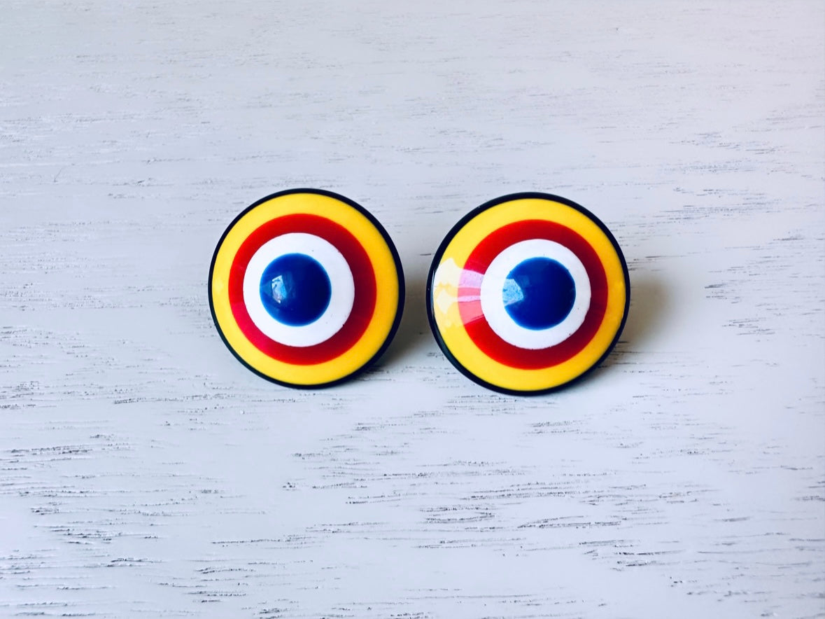 Colorful Vintage 1960s Bullseye Earrings, Yellow, Blue, Red, White, Black Oversized Acrylic Pierced Earrings, Fun 60s Pop Vintage Earrings