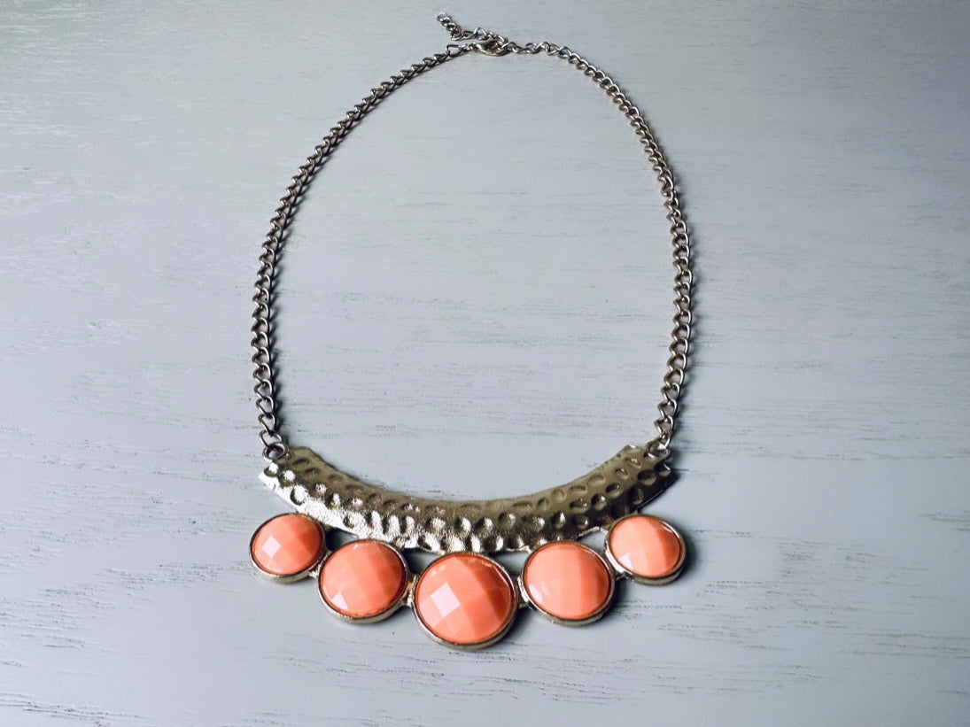 Peach and Gold Geometric Bib Necklace, Hollow Gold Cut Out Necklace with Peachy Faceted Gem, Metallic Geometric Vintage Necklace