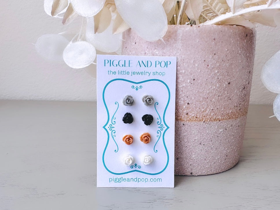 Tiny Rose Earrings, Flower Stud Earrings Set, Grey Black Caramel White, Small Rose Studs, Resin Earrings, Neutral Floral Earring Studs Set