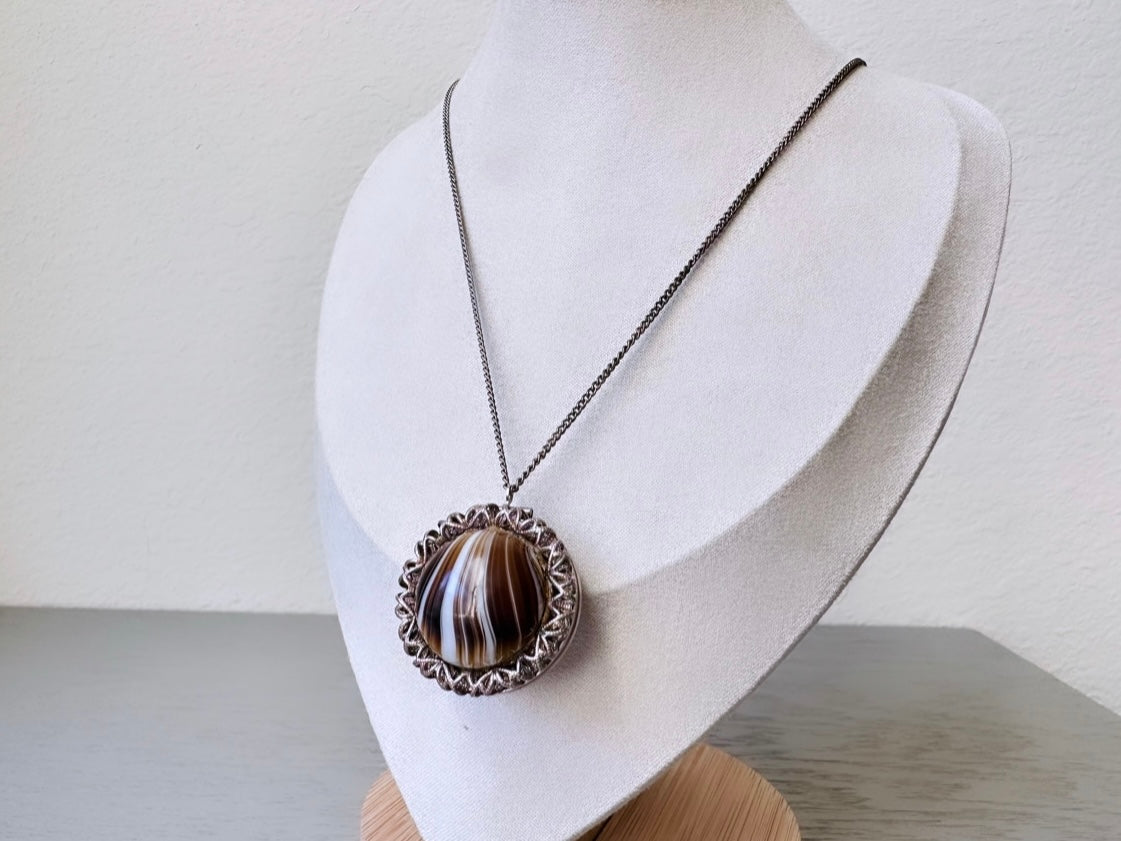 Rare Banded Agate Sphere Locket Necklace, Locket Ball Pendant Necklace, Vintage Gemstone Round Locket, Unique Vintage Ball Locket