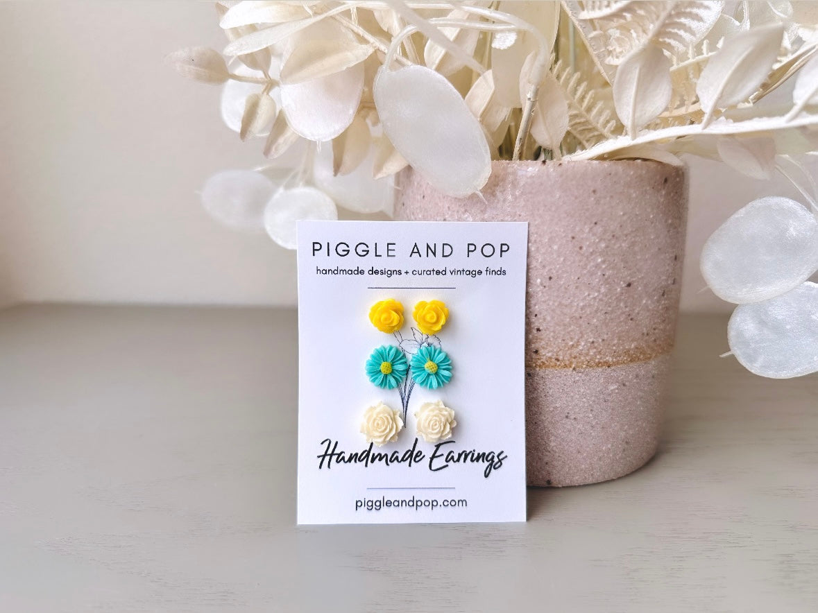 Mint + Yellow Flower Stud Earring Set, Floral Post Earrings, Mint Gerber Daisy Earrings, Yellow Rose Earrings, Hypoallergenic Posts + Backs handmade by Piggle and Pop