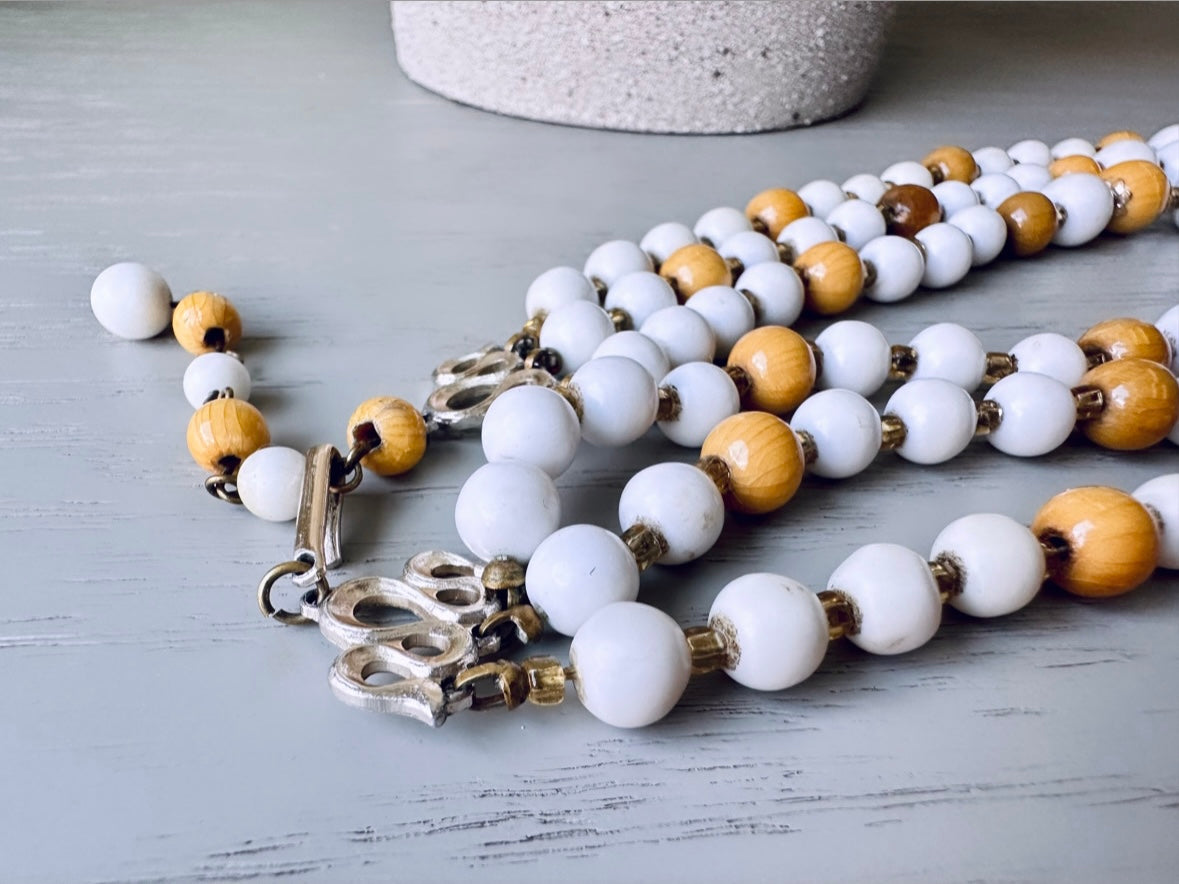 Vintage Triple Strand Beaded Necklace, 1970s Wood and White Acrylic Bead Necklace, Unique Bohemian Statement Necklace 14"-17" ,