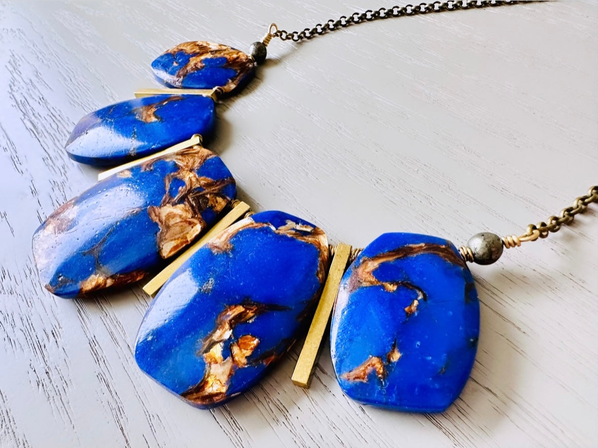 Lapis Lazuli Necklace, Handmade Wire Wrapped Gemstone + Raw Brass Necklace, Oversized Statement Choker, Blue Gemstone and Pyrite Necklace