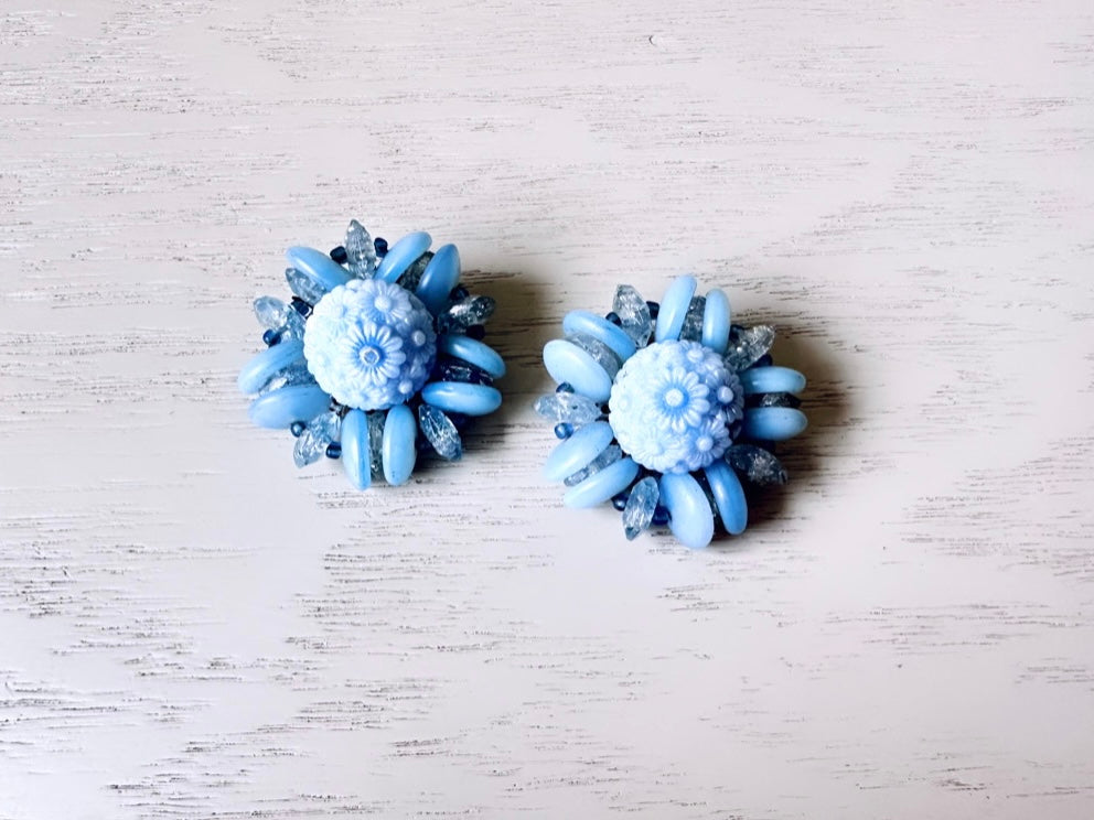 Unique Blue Beaded Cluster Earrings, Made in Germany Textured Faceted Acrylic & Glass Vintage Earrings, Stunning Ice 1960s Clip On Earrings