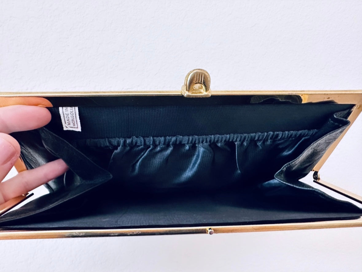 Vintage Black Clutch Handbag, Black Ruched Faux Leather Purse, Retro Mid Century Mod Bag, Black and Gold Chic Evening Purse