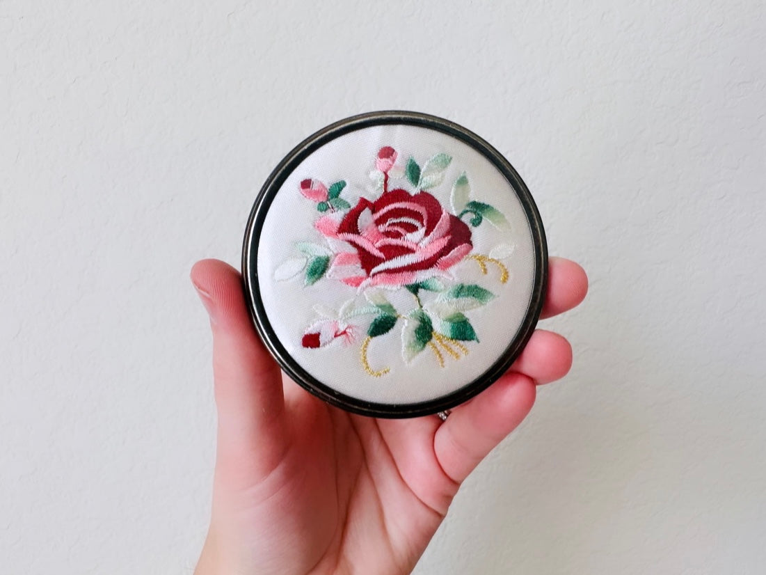 Vintage Rose Tapestry Compact Mirror, Vintage 1960’s Satin Needlepoint Pink Roses Pocket Mirror, Vtg 60s Petit Point Floral Makeup Mirror