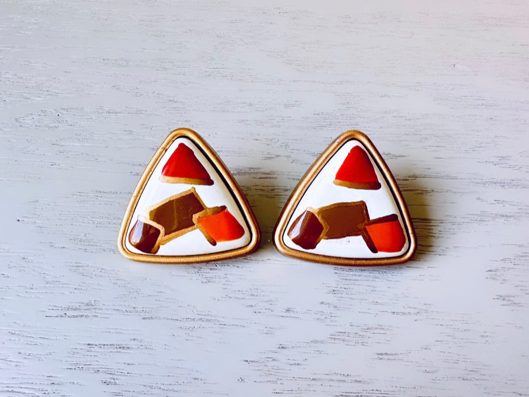 Gold White Red Orange 1980s Triangle Earrings, Oversized Acrylic Pierced Earrings, Fun 80s Vintage Earrings