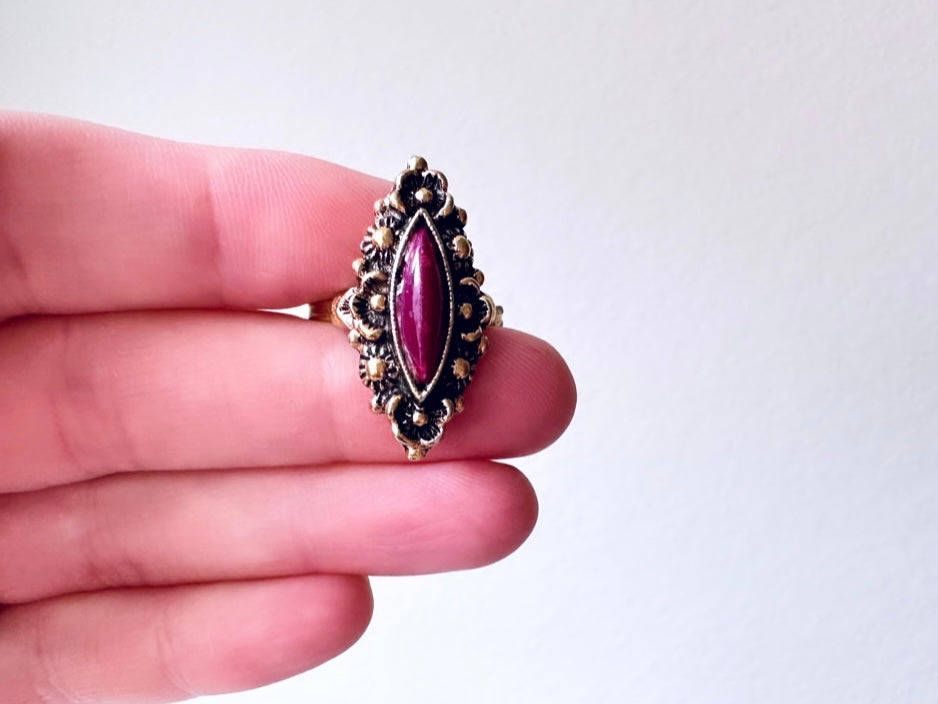 Vintage Magenta Sarah Coventry Ring, Ornate Gold Ring with Deep Pink Marquis Stone Cabochon Ring, Interesting Vintage Adjustable Ring