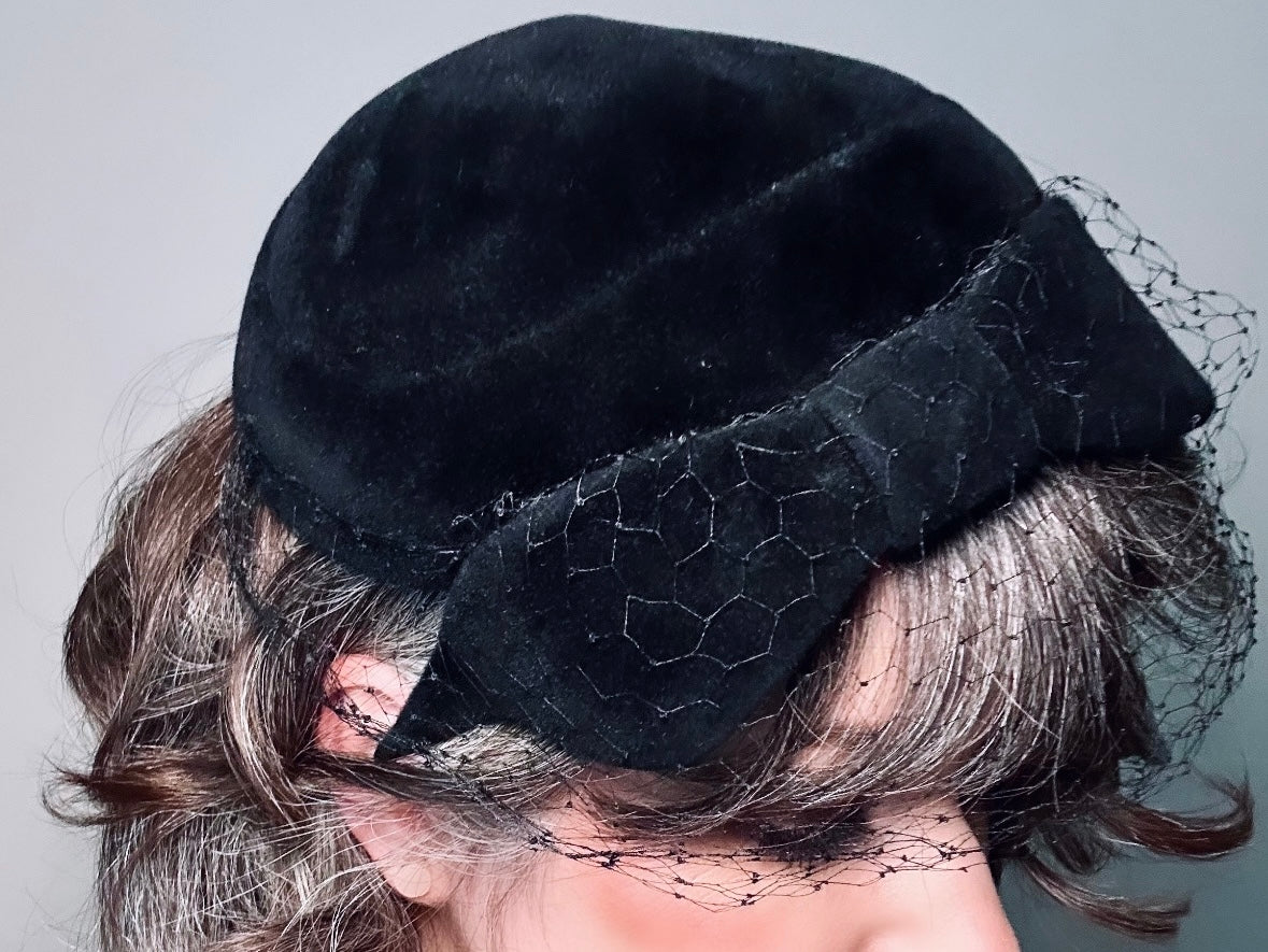 Vintage Veiled Black Velour Hat, Women's Vintage 1940s Hat, Made in France, Black Netted Veil Hat,