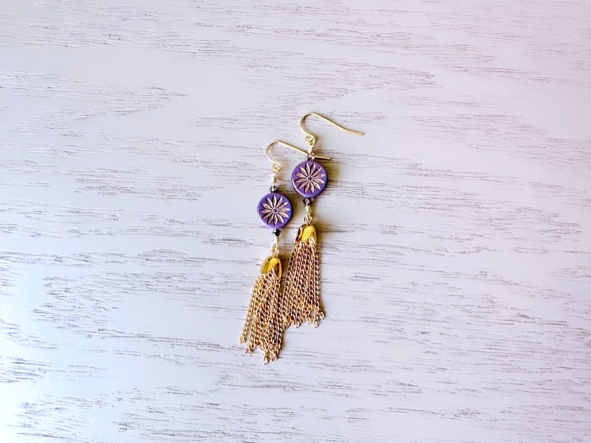 Starburst Tassel Earrings, Handcrafted Lilac Crystal and Gold Fringe Dangle Earrings, Wire Wrapped Boho Earrings, Geometric Charm Earrings