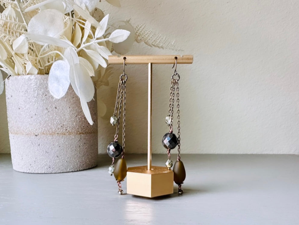 Handmade Drop Earrings with Olive Green Seaglass Teardrops, Pyrite Nuggets, Hematite & Mint Firepolished Crystals, Long Bronze Chain Dangles