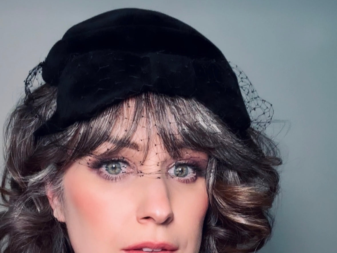 Vintage Veiled Black Velour Hat, Women's Vintage 1940s Hat, Made in France, Black Netted Veil Hat,