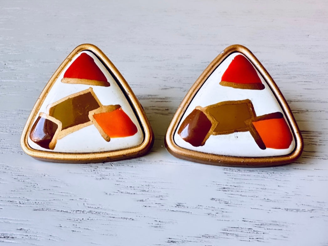 Gold White Red Orange 1980s Triangle Earrings, Oversized Acrylic Pierced Earrings, Fun 80s Vintage Earrings