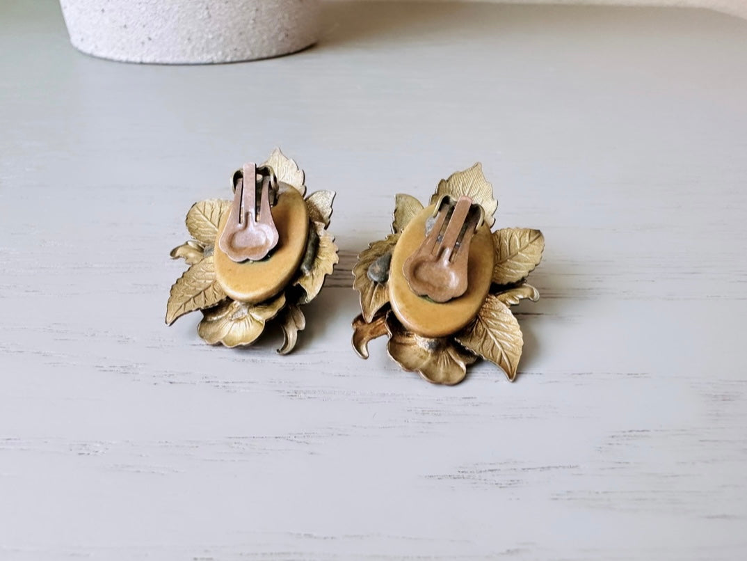 Gorgeous 1950's Vintage Flower Earrings,  Rose Gold, Cream, Sage Green Enamel Earrings, Vintage Bridal Floral Leaf Clip On Earrings