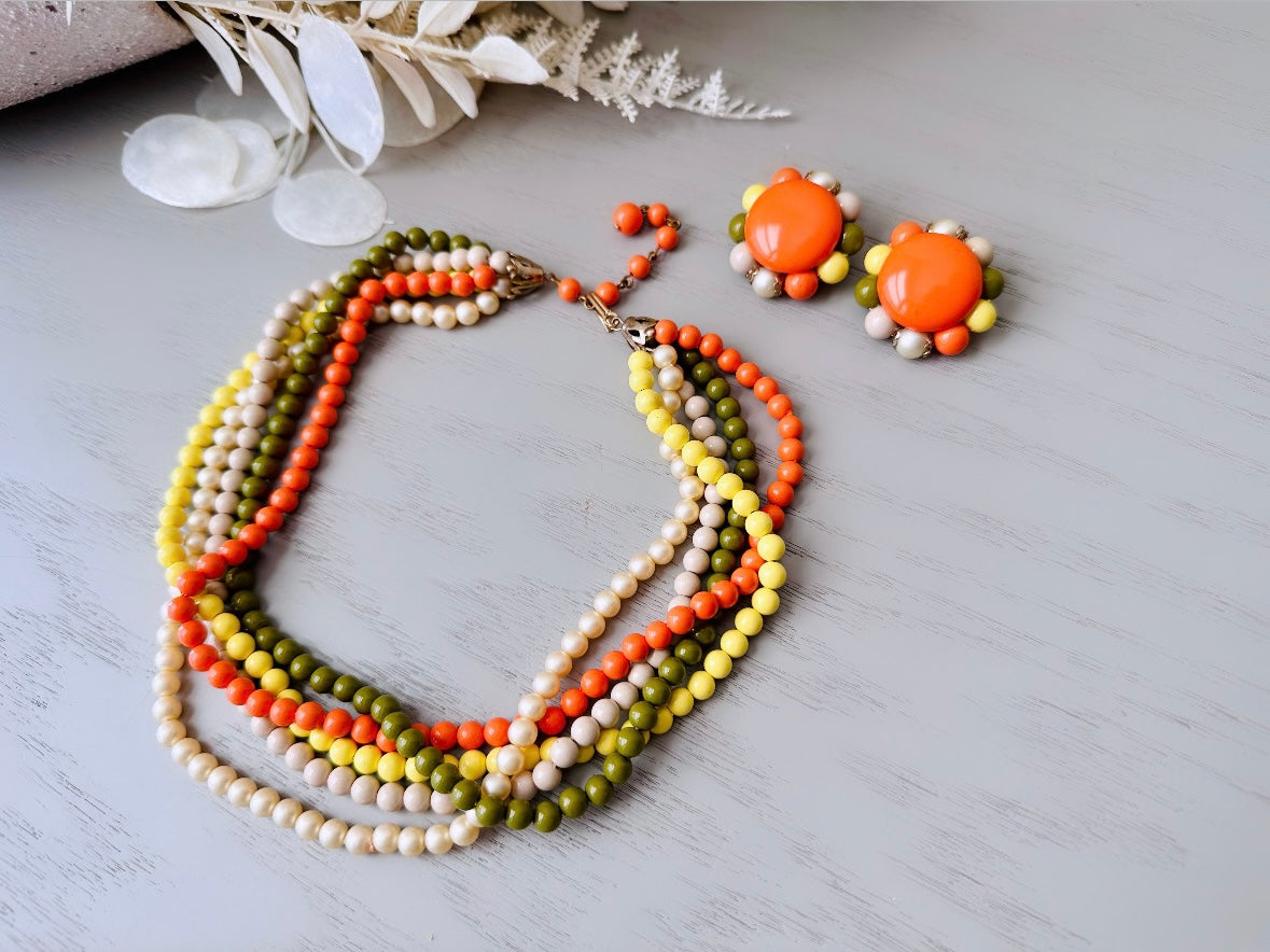 1970s Vintage Necklace & Earring Set, Sunny Yellow, Orange, Avocado Green Retro 70s Five Strand Beaded Necklace with Matching Big Earrings, Authentic Vintage at Piggle and Pop
