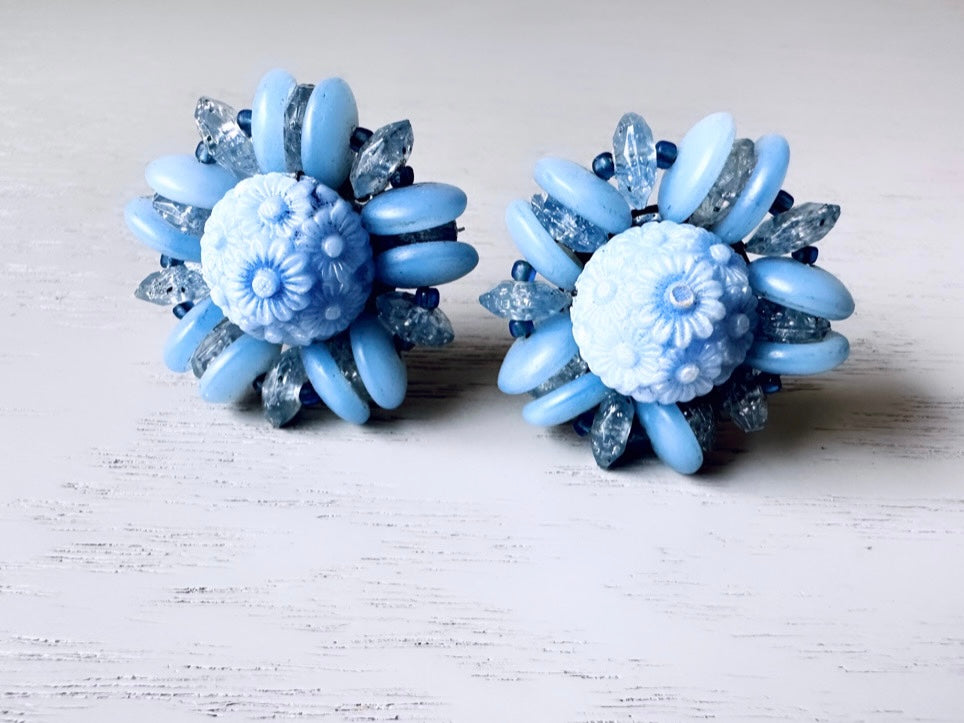 Unique Blue Beaded Cluster Earrings, Made in Germany Textured Faceted Acrylic & Glass Vintage Earrings, Stunning Ice 1960s Clip On Earrings