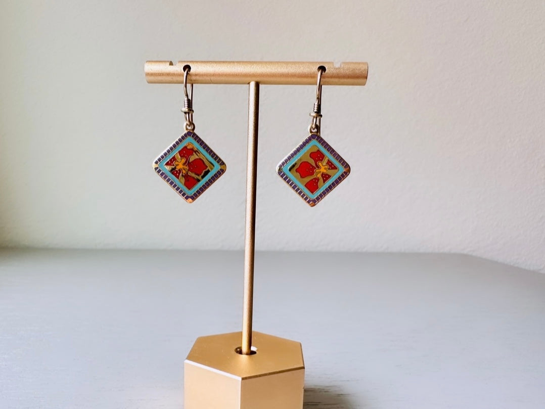 Laurel Burch "Jasmine for Jodi" Earrings, Gold Plated Cloisonné 1980s Vintage Earrings, Colorful Red Flower Gold Enamel Collectors Earrings