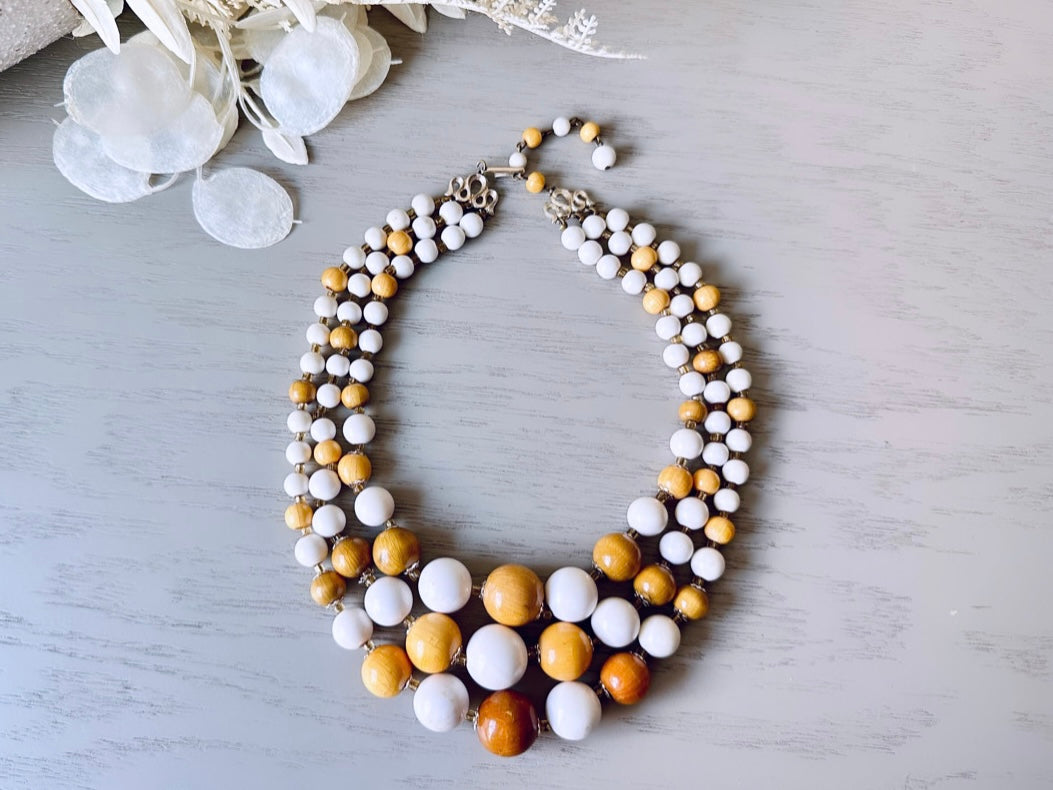 Vintage Triple Strand Beaded Necklace, 1970s Wood and White Acrylic Bead Necklace, Unique Bohemian Statement Necklace 14"-17" ,