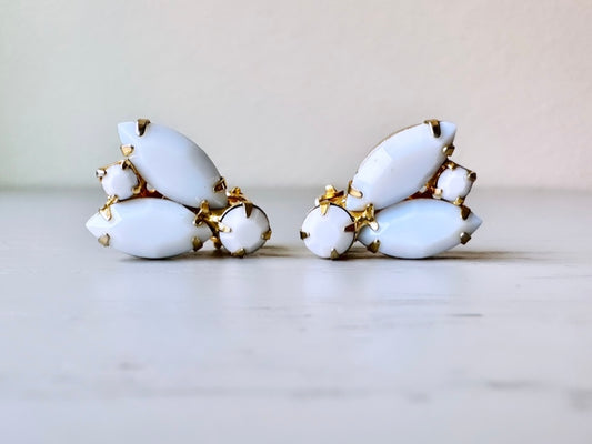 Vintage Milk Glass Earrings, Small Firefly Clip-on Earrings, Vintage White Stone Earrings, Bejeweled 60s Elegant White Bridal Earring