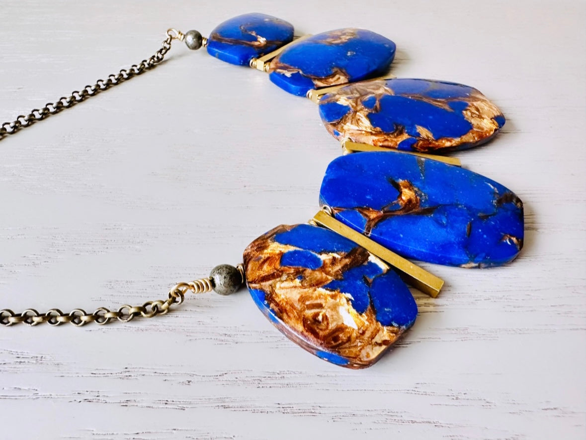 Lapis Lazuli Necklace, Handmade Wire Wrapped Gemstone + Raw Brass Necklace, Oversized Statement Choker, Blue Gemstone and Pyrite Necklace
