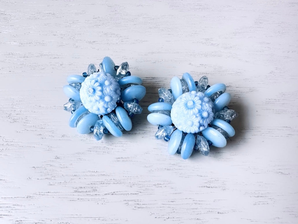 Unique Blue Beaded Cluster Earrings, Made in Germany Textured Faceted Acrylic & Glass Vintage Earrings, Stunning Ice 1960s Clip On Earrings
