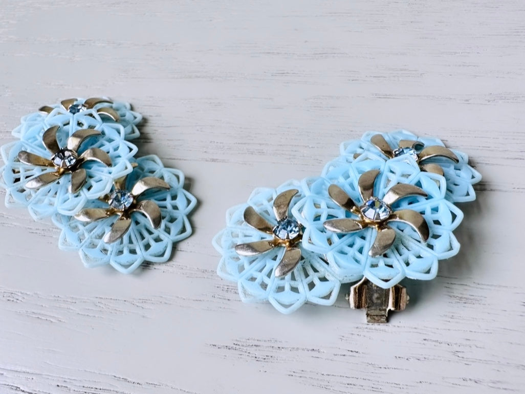 Oversized Snowflake Earrings, Vintage Blue Celluloid Climber Earrings, Light Blue Plastic Flower Earrings, Dramatic Floral Clip On Earrings