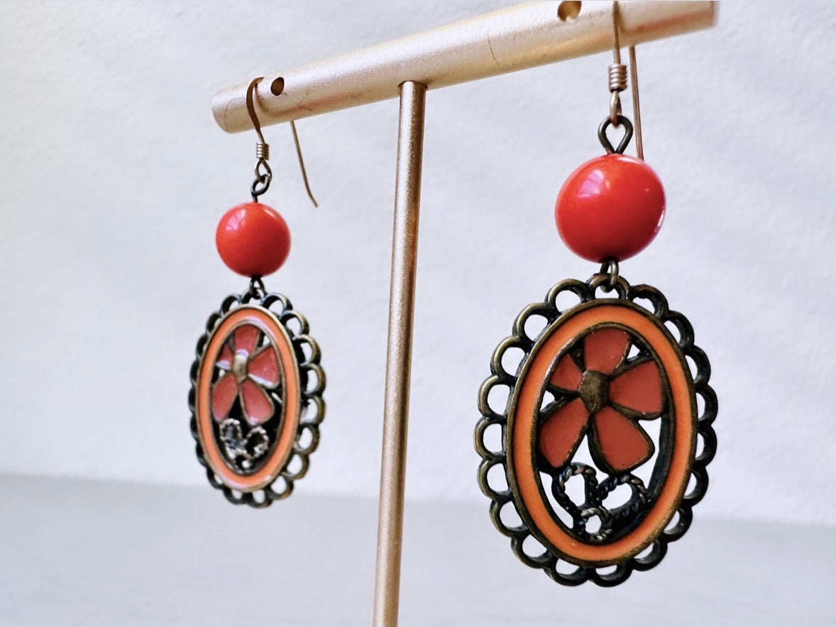 Vintage 70s Orange Enamel and Bronze Earrings, Funky Boho Pierced Vintage Dangle Earrings, Orange Enamel 1970's Earrings