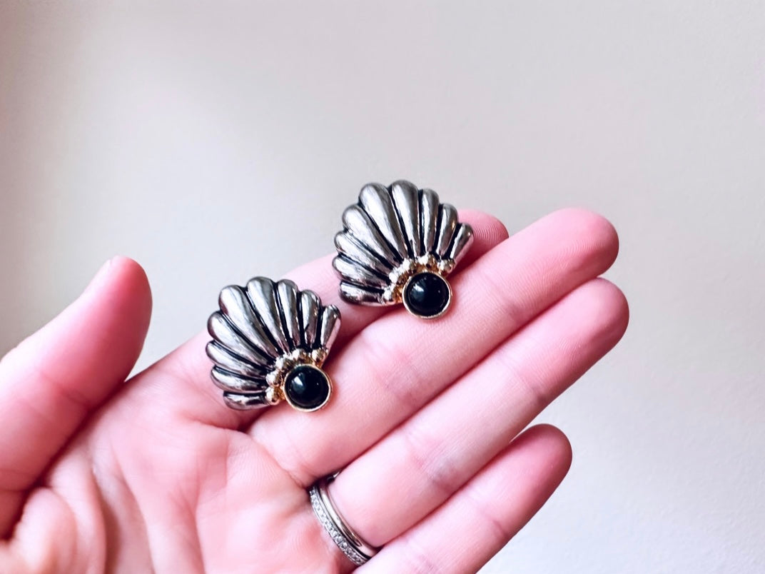 Art Deco Fan Earrings with Black Onyx and Gold Accents, Vintage Clip On Earrings, Silver Black and Gold Unique Vintage Earrings