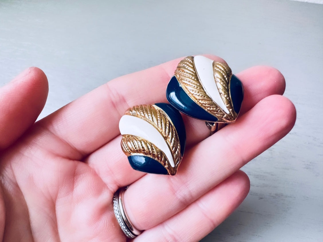 Vintage Navy Blue White and Gold 1980s Earrings, Classic 80's Vintage Clip On Statement Earrings, Bold Nautical Geometric Earrings