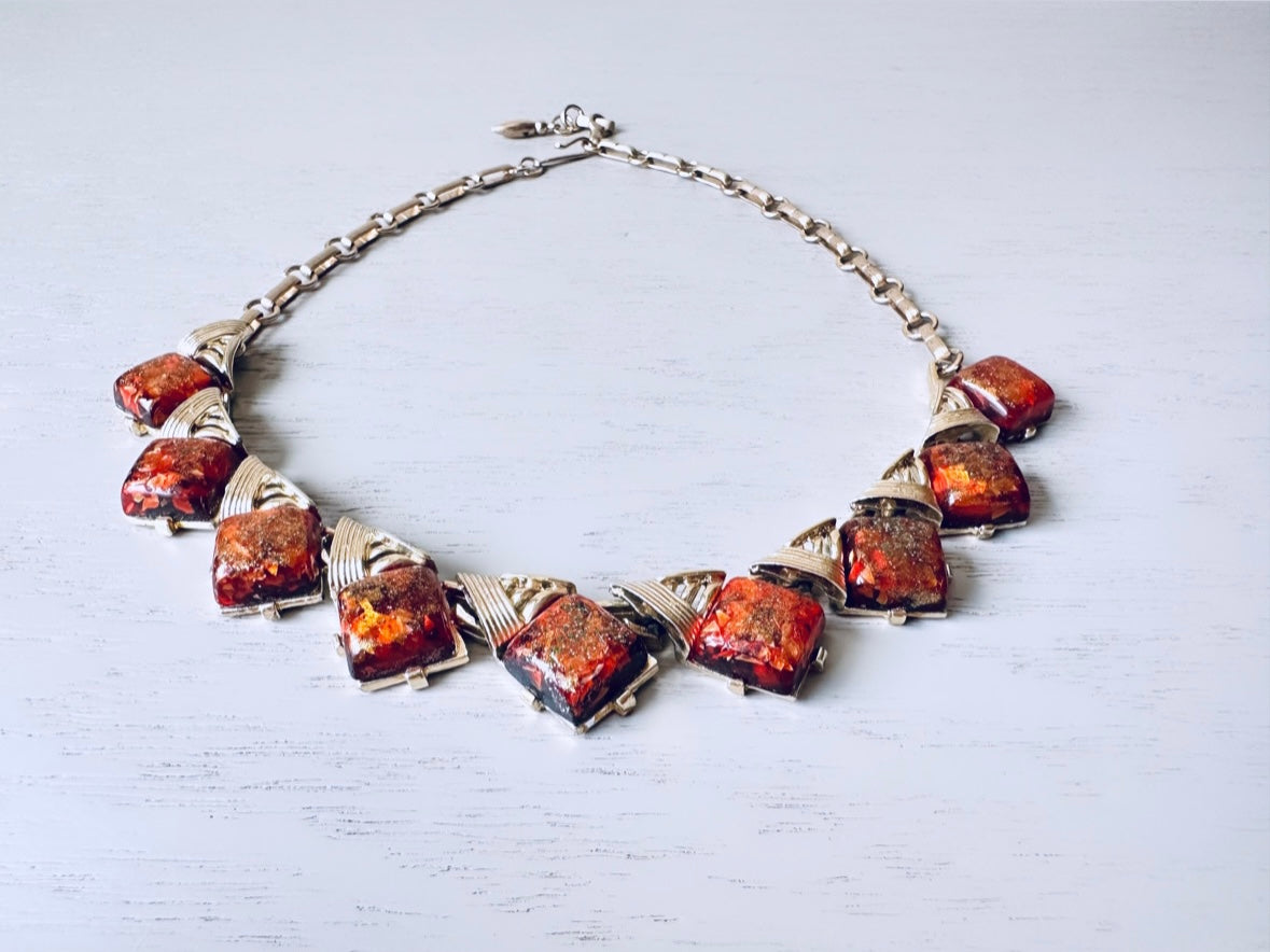 Vintage Coro Confetti Lucite Necklace, Vibrant Brick Red and Gold Tone Necklace, 1960s Retro Choker Necklace, Short Moonglow Necklace