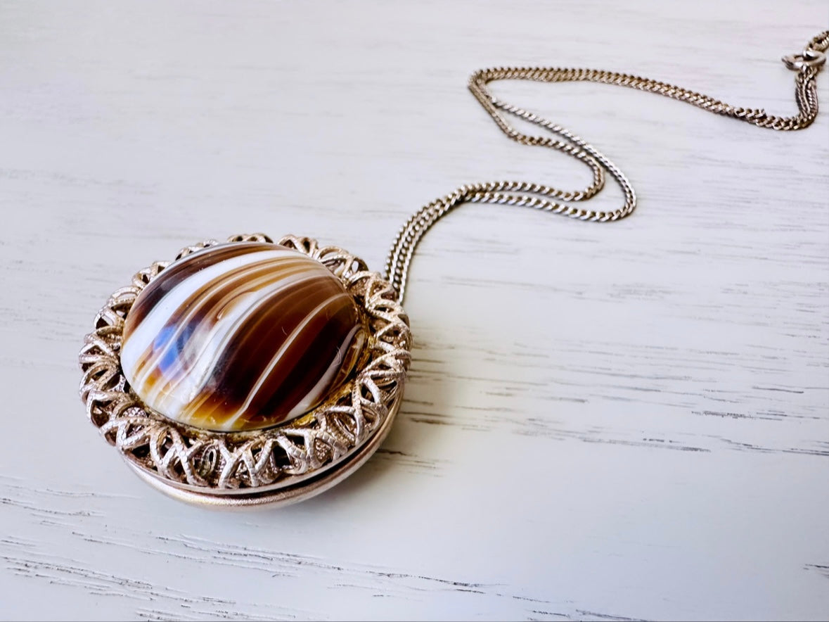 Rare Banded Agate Sphere Locket Necklace, Locket Ball Pendant Necklace, Vintage Gemstone Round Locket, Unique Vintage Ball Locket