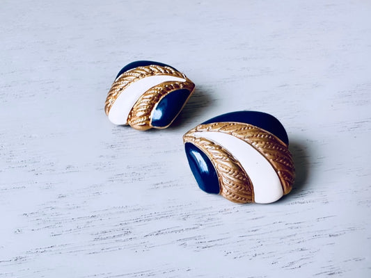 Vintage Navy Blue White and Gold 1980s Earrings, Classic 80's Vintage Clip On Statement Earrings, Bold Nautical Geometric Earrings