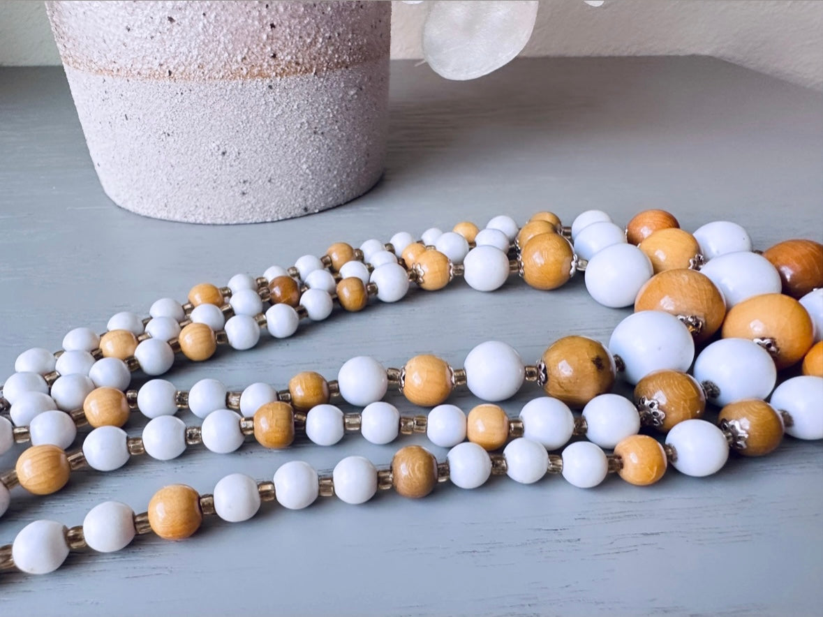 Vintage Triple Strand Beaded Necklace, 1970s Wood and White Acrylic Bead Necklace, Unique Bohemian Statement Necklace 14"-17" ,