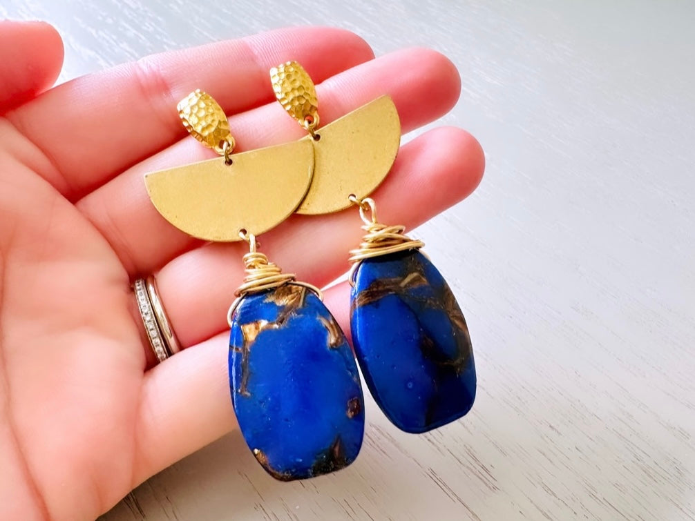 Lapis Lazuli Earrings, Handmade Wire Wrapped Gemstone + Raw Brass Earrings, Geometric Crescent Moon Jewelry, Blue Gemstone Bohemian Earring