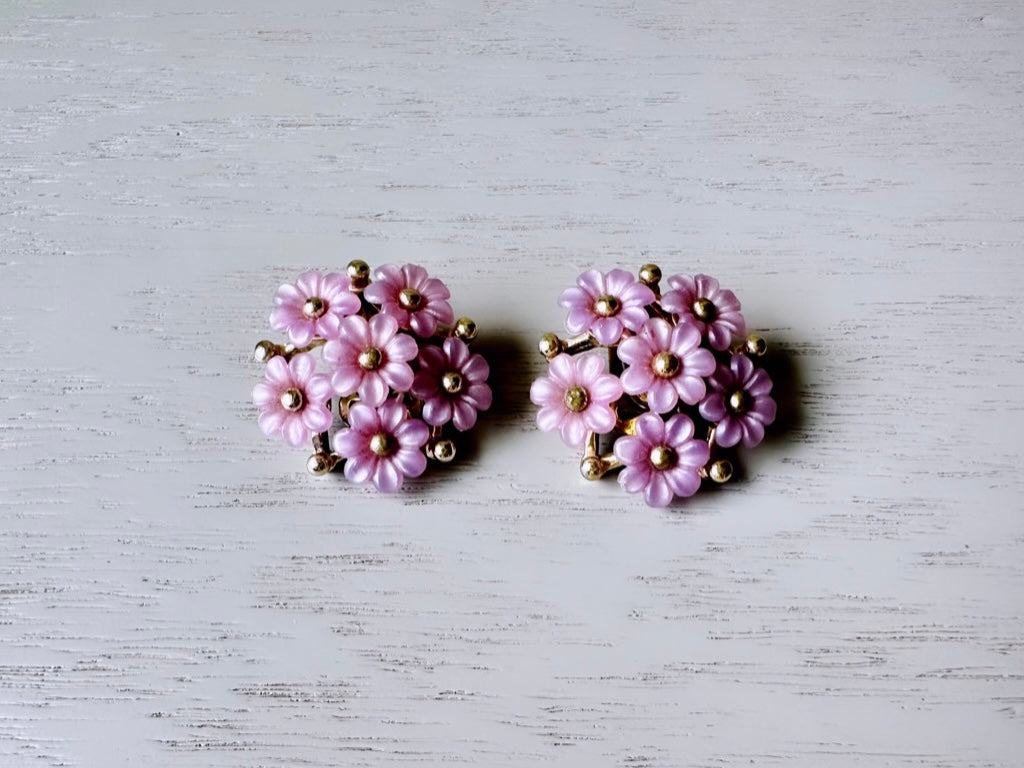 Vintage Flower Earrings, Lilac Purple and Gold Floral Earrings, Cute 1950s Flower Clusters, Clip On Cottage Chic Earrings