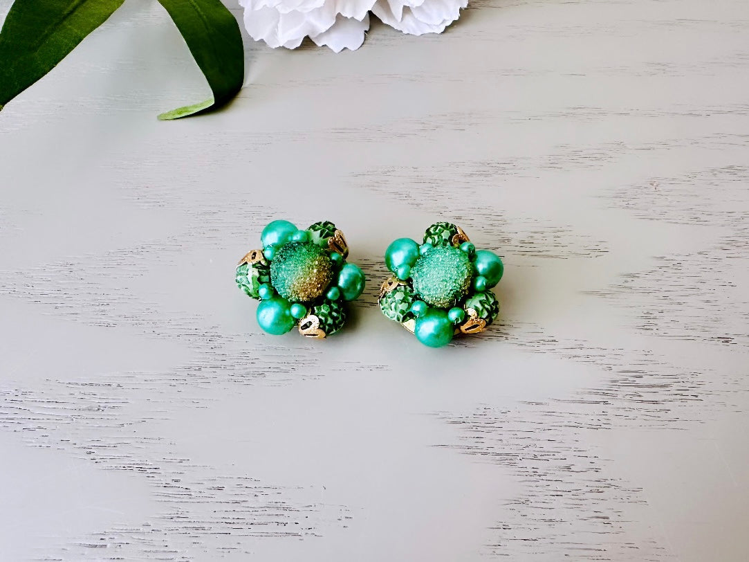 Beaded Mermaid Earrings, Green Vintage Cluster Earrings, 1950's Gold and Glass Clip On Earrings, Beautiful Unique Hong Kong Vintage Earrings at Piggle and Pop