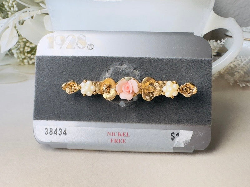 Vintage 1928 Jewelry Co. Pink Porcelain Rose Bar Pin Brooch – NOS on Original Card