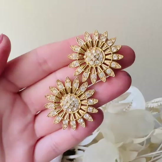 Vintage Rhinestone Sunflower Earrings, Pierced Gold Flower Earrings video