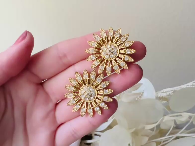 Vintage Rhinestone Sunflower Earrings, Pierced Gold Flower Earrings video