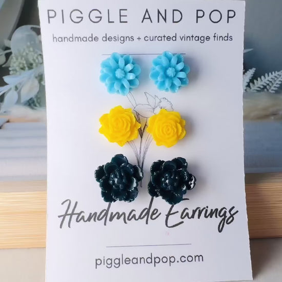 Flower Stud Earrings Gift Set in Sky Blue, Yellow and Navy, Handmade Rose and Blossom Hypoallergenic Surgical Steel Post Earrings 8