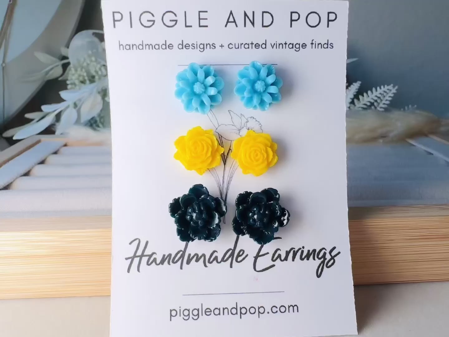 Flower Stud Earrings Gift Set in Sky Blue, Yellow and Navy, Handmade Rose and Blossom Hypoallergenic Surgical Steel Post Earrings 8
