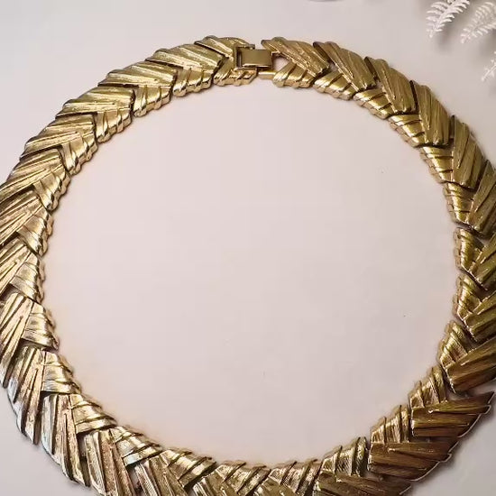 Gold Chevron Collar Necklace, Vintage Basket Weave Choker, Chunky Gold Woven Necklace, Articulated Thick Chain Statement Necklace