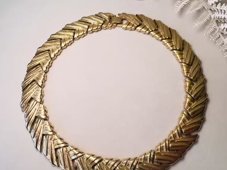 Gold Chevron Collar Necklace, Vintage Basket Weave Choker, Chunky Gold Woven Necklace, Articulated Thick Chain Statement Necklace