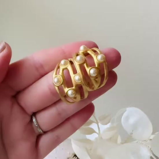 Vintage Gold Hoops, Matte Gold Faux Pearl Earrings, Curved Etruscan Pearl Earrings, Pierced Half Hoop Earrings video