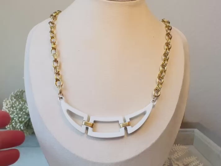 Vintage Geometric Necklace, White and Gold Metal Bib Necklace video