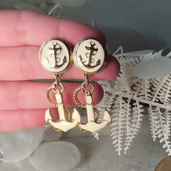 Vintage Anchor Earrings, Nautical Gold Rope Statement Earrings, Cream Enamel Vintage Park Lane Pierced Sailing Dangle Earrings video