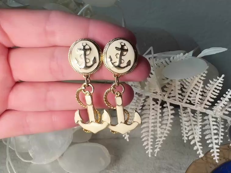 Vintage Anchor Earrings, Nautical Gold Rope Statement Earrings, Cream Enamel Vintage Park Lane Pierced Sailing Dangle Earrings video