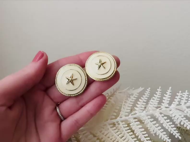Nautical Gold Star Earrings, Cream Vintage 1980s Post Earrings video