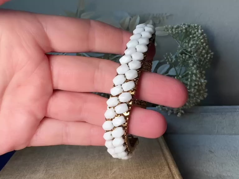 White Vintage Bracelet, Gorgeous 1960s Milk Glass Bracelet, Triple Strand Gold Mesh Chain Bracelet with Woven White Faceted Crystals video